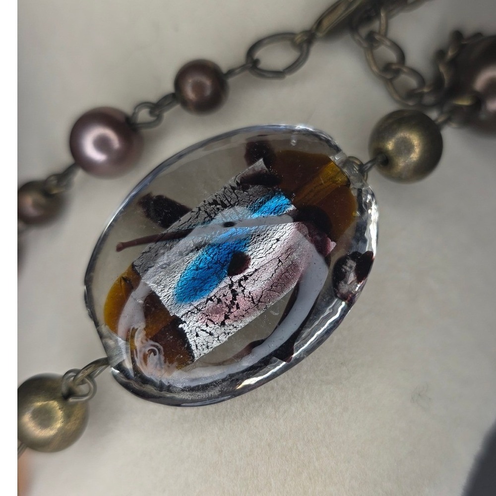 Long Unbranded Blown Glass Bead Necklace Sparkle Art Glass Brown Bronze Tone - Picture 4 of 11